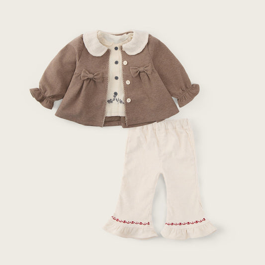 Baby-girls-oatmeal-apricot-jacket-top-flared-pants-set