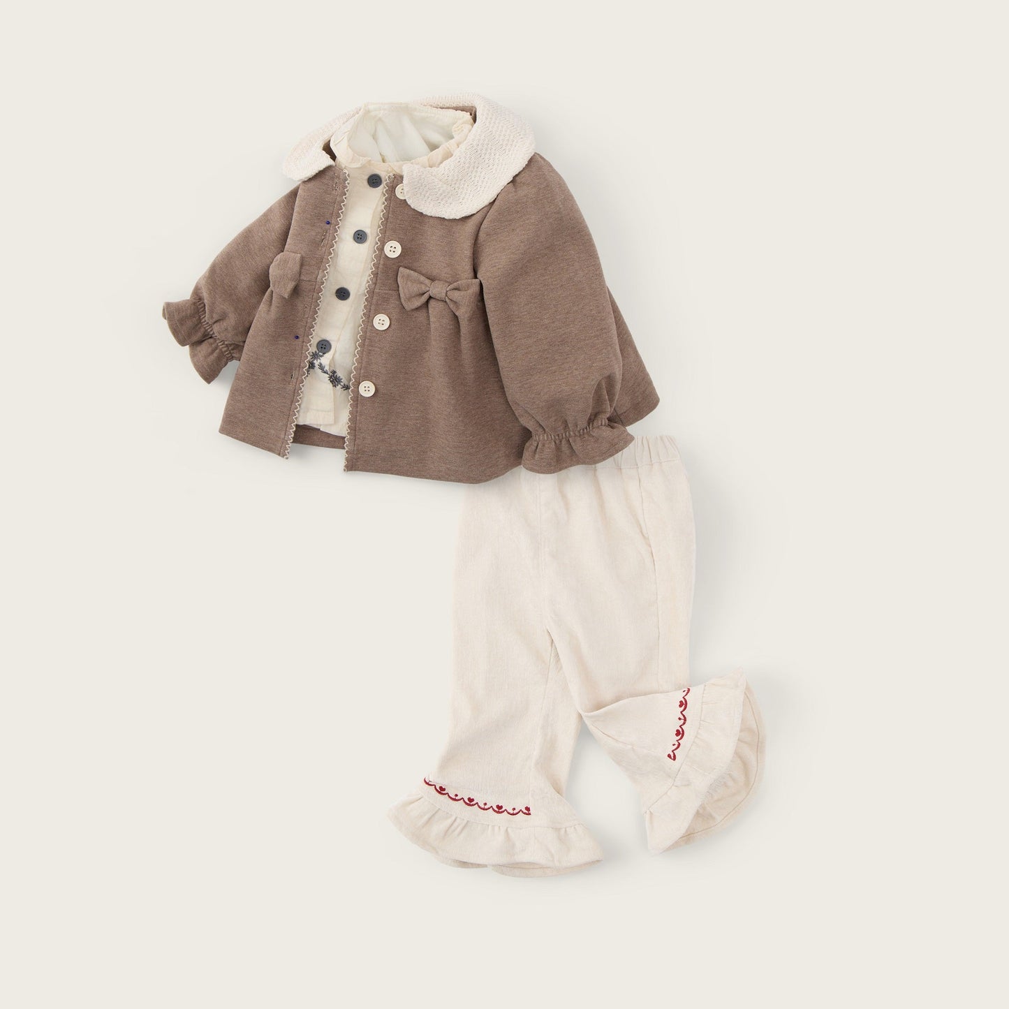 Baby-girls-oatmeal-apricot-jacket-top-flared-pants-set