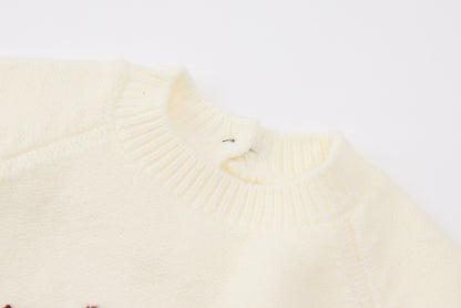 Baby Girls Knit Sweater-Off White-Brown Poodle Embroidery and Burgundy Tulle Tutu Skirt Set