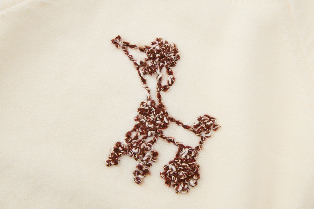 Baby Girls Knit Sweater-Off White-Brown Poodle Embroidery and Burgundy Tulle Tutu Skirt Set