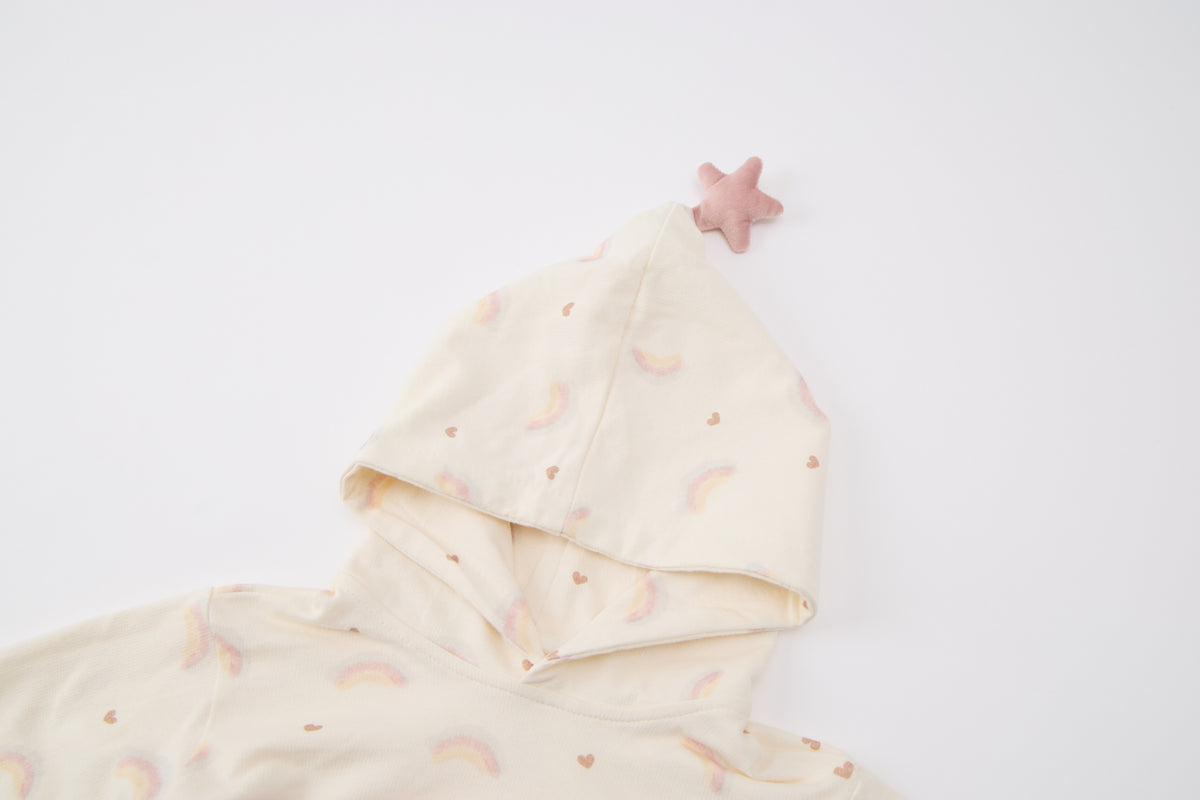 Baby Girls Hooded Sweatshirt-Off White-Rainbow and Star Patch with Pink Ruffle Hem and Pants Set