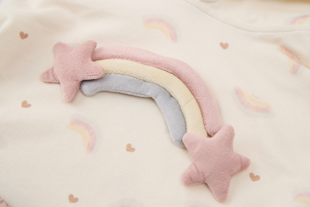 Baby Girls Hooded Sweatshirt-Off White-Rainbow and Star Patch with Pink Ruffle Hem and Pants Set