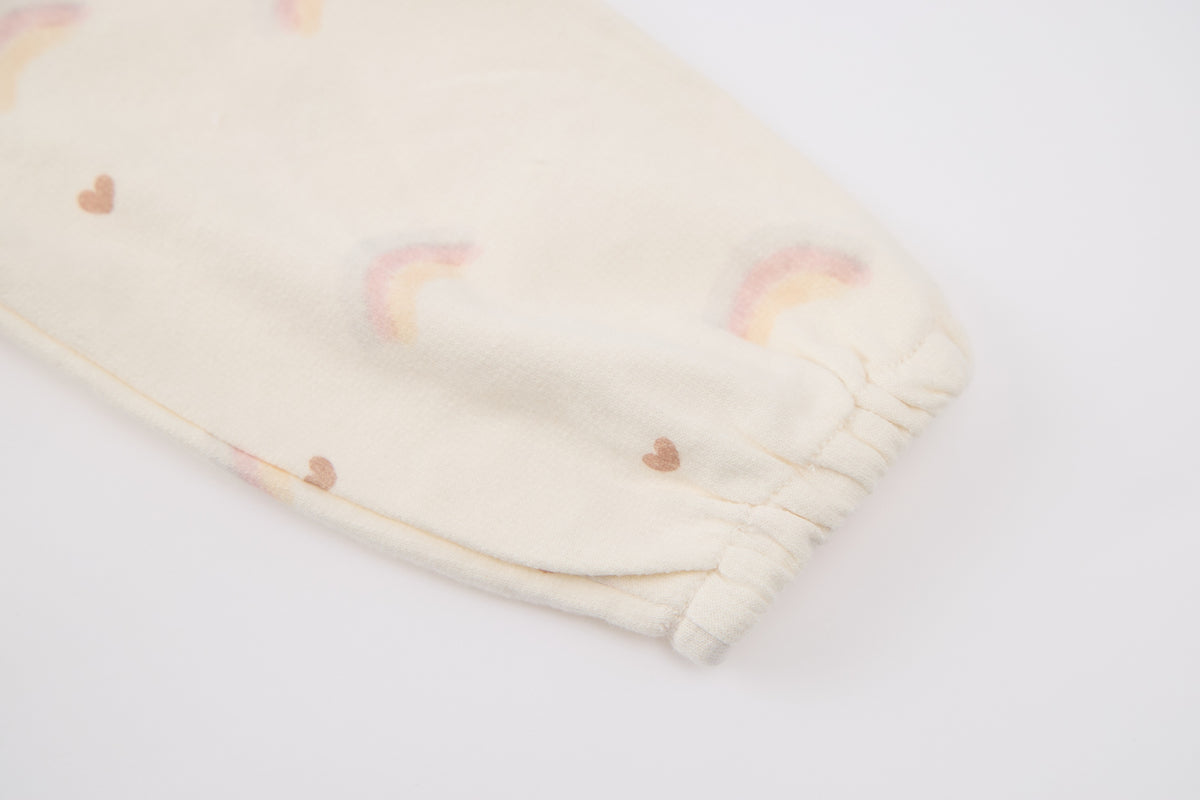 Baby Girls Hooded Sweatshirt-Off White-Rainbow and Star Patch with Pink Ruffle Hem and Pants Set