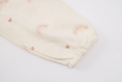 Baby Girls Hooded Sweatshirt-Off White-Rainbow and Star Patch with Pink Ruffle Hem and Pants Set