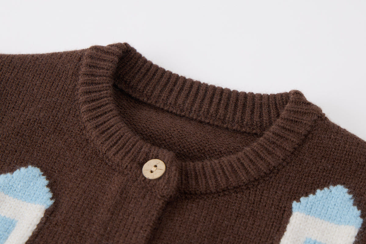 Baby Boys Knit Cardigan-Brown-House Embroidery Sleeves and Denim Pants Set