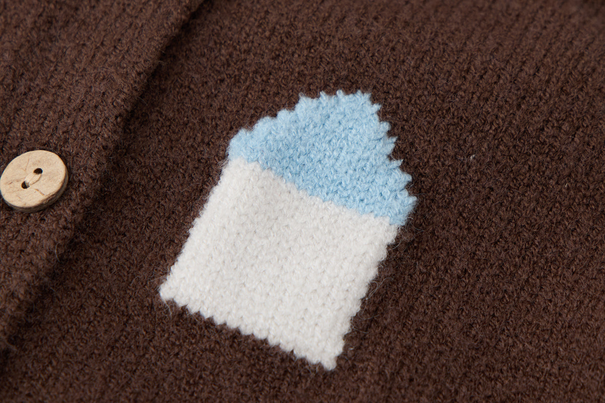 Baby Boys Knit Cardigan-Brown-House Embroidery Sleeves and Denim Pants Set