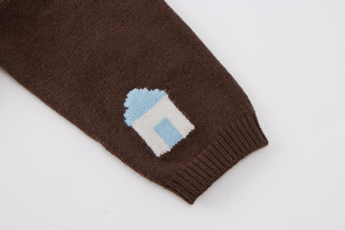 Baby Boys Knit Cardigan-Brown-House Embroidery Sleeves and Denim Pants Set