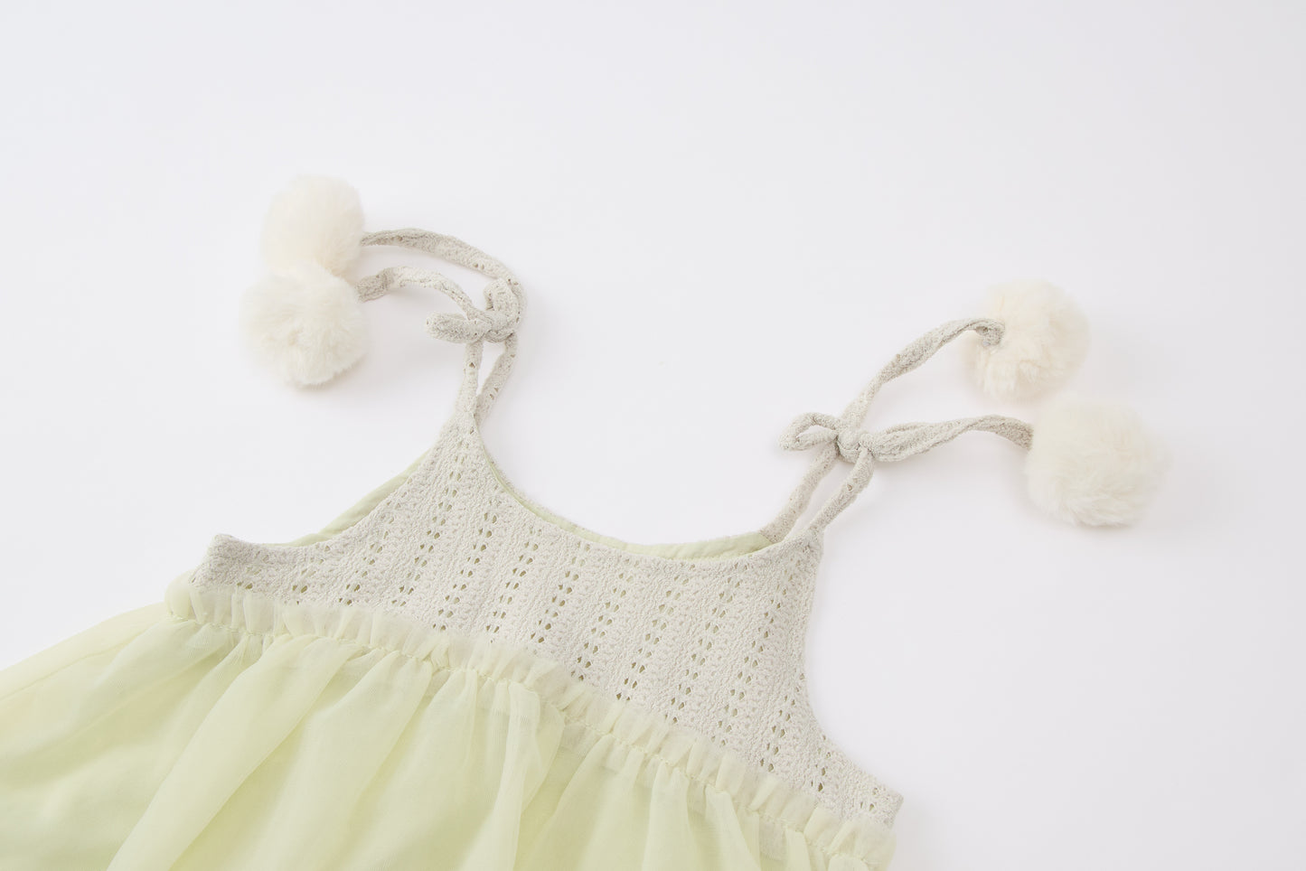 Baby Girls Tulle Dress Set-Light Green and Beige-Pom-Pom Strap Accents with Ruffle Leggings