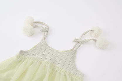 Baby Girls Tulle Dress Set-Light Green and Beige-Pom-Pom Strap Accents with Ruffle Leggings
