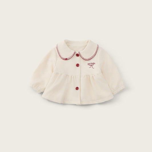 An off-white baby cardigan with a Peter Pan collar, red buttons, and red embroidered details, displayed on a light beige background with 'jacinda bebe' and 'lovely kids' text.