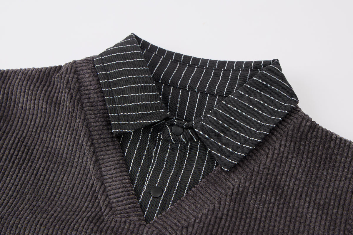 Baby Boys False Two-Piece Sweatshirt-Dark Grey-V-Neck Striped Hem and Matching Pants Set