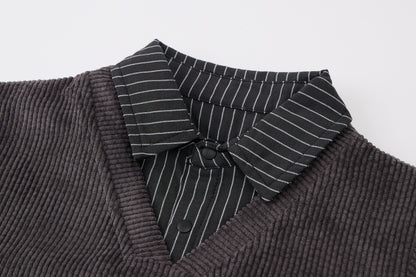 Baby Boys False Two-Piece Sweatshirt-Dark Grey-V-Neck Striped Hem and Matching Pants Set