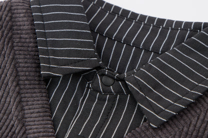 Baby Boys False Two-Piece Sweatshirt-Dark Grey-V-Neck Striped Hem and Matching Pants Set