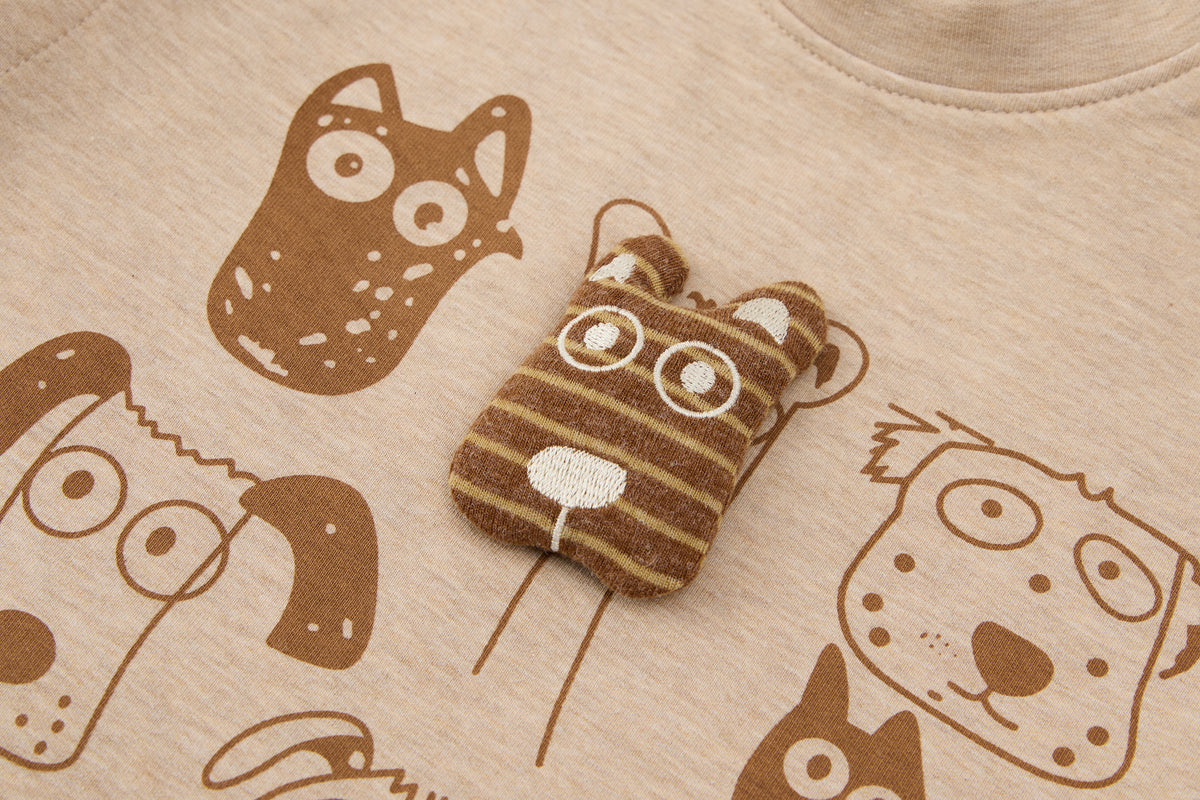 Baby Boys False Two-Piece Sweatshirt-Khaki-Cute Dog Doodles and Striped Sleeves with Matching Pants Set