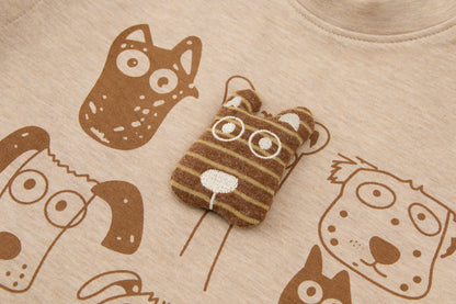Baby Boys False Two-Piece Sweatshirt-Khaki-Cute Dog Doodles and Striped Sleeves with Matching Pants Set