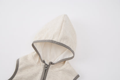 Baby Boys Hooded Sweatshirt Set-Beige and Grey-Half-Zip Hoodie with Kangaroo Pocket and Hanging Dinosaur Toy with Matching Pants