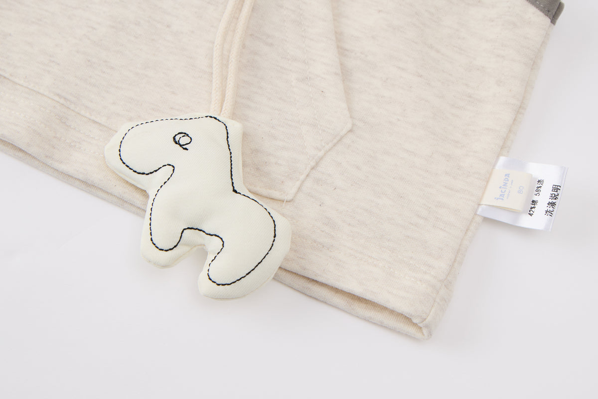 Baby Boys Hooded Sweatshirt Set-Beige and Grey-Half-Zip Hoodie with Kangaroo Pocket and Hanging Dinosaur Toy with Matching Pants