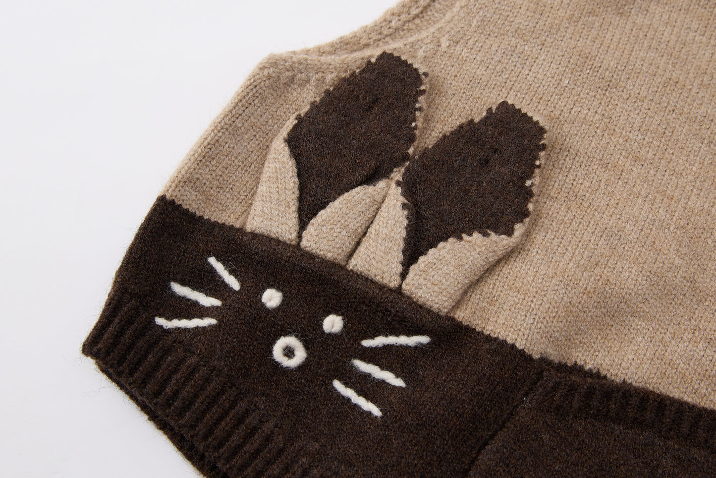 Baby Girls Knit Vest-Khaki and Brown-Rabbit Face Embroidery with White Top and Tulle Skirt Leggings Set