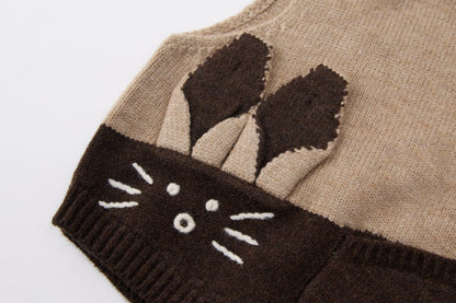 Baby Girls Knit Vest-Khaki and Brown-Rabbit Face Embroidery with White Top and Tulle Skirt Leggings Set