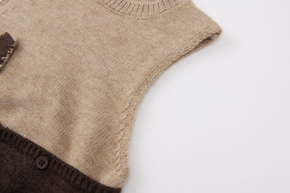 Baby Girls Knit Vest-Khaki and Brown-Rabbit Face Embroidery with White Top and Tulle Skirt Leggings Set