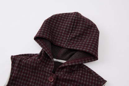 Baby Boys Hooded Vest Set-Burgundy Plaid-Button-Up Vest with Matching Pants and Inner Shirt